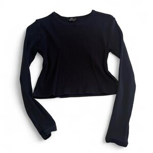 Topshop Navy Ribbed Long Sleeve Top